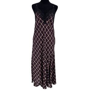 Victoria's Secret Plaid Lace Trim Cami Slip Dress Maxi L G Black Pink Beige